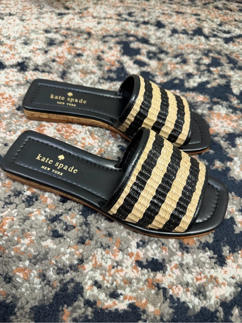 NWOT Kate Spade New York ‘Juiliane’ Raffia Slide Sandals in Black Stripe Sz 5.5